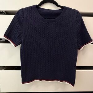 H&M Navy Short-Sleeve Cable Knit Top with Red & White Trim